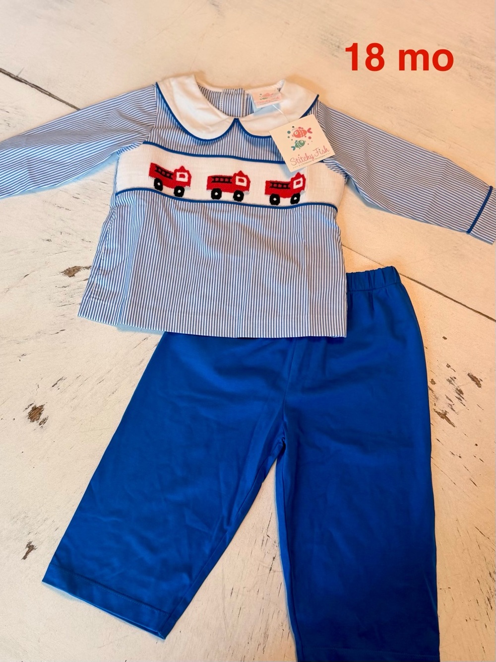 NEW WITH TAG - Smocked Fire Truck Two-Piece Kids Matching Set - Blue